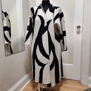 Josie Natori Wool Black and White Geometric Cardigan Coat Size M